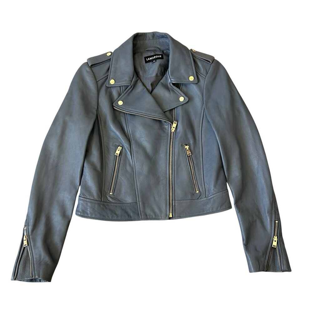 LAMARQUE Womens XS Gray Leather Moto Biker Jacket Gold Hardware Motorcycle